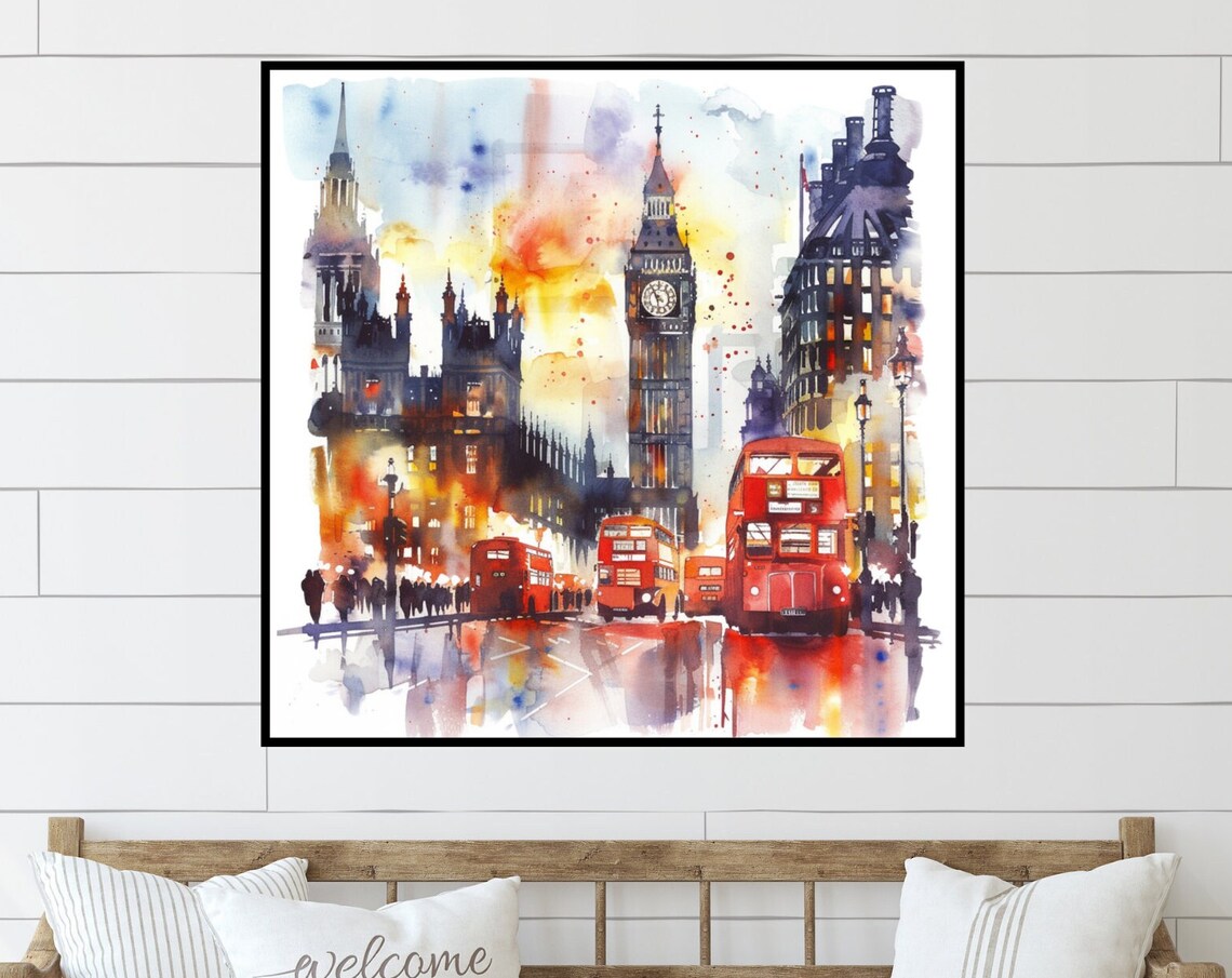 London Nighttime Skyline Watercolor Art Print