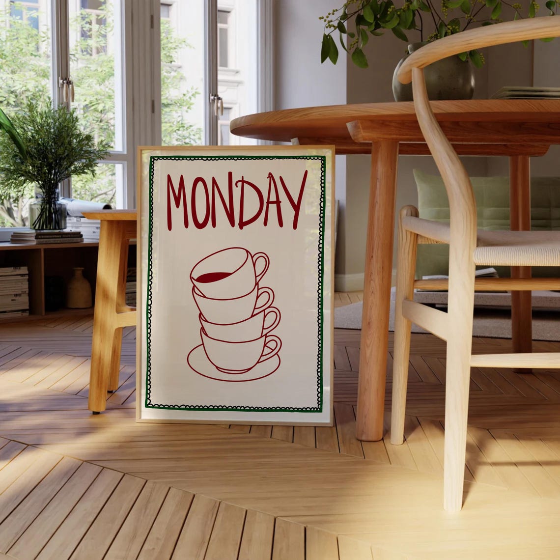 Monday Coffee Cups Red Hand Lettered Kitchen Poster for Coffee Lovers - Image 2