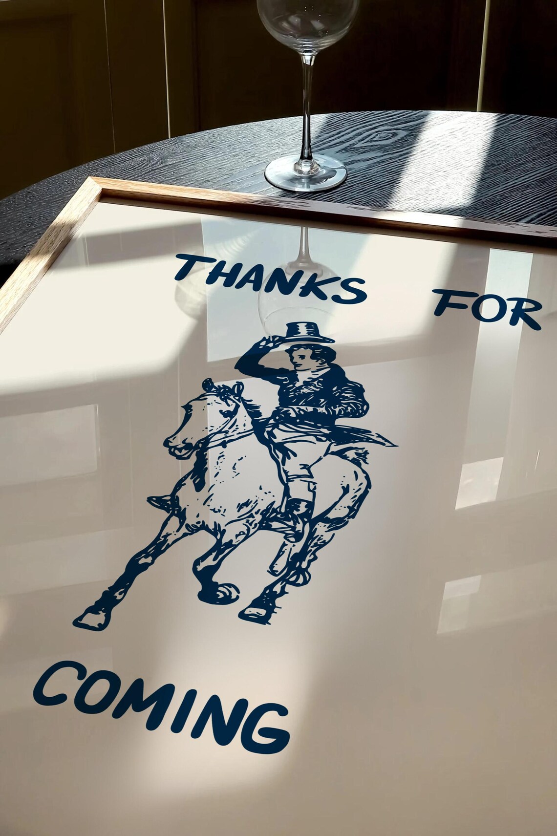 Thanks For Coming Navy Horse Rider Vintage Etching Quote Poster - Image 3