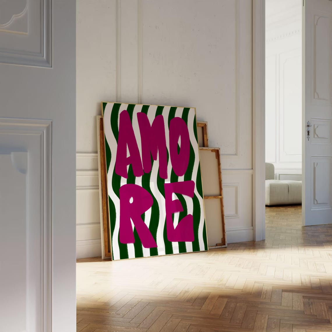 Amore Hot Pink Bold Letters on Green Wavy Stripe Typography Poster - Image 3