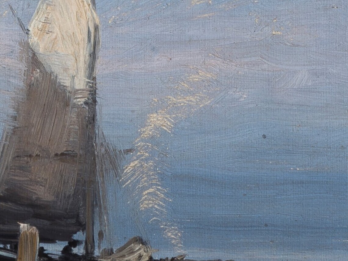 Vintage Moonlit Seascape Painting Moonlight on Ocean Sailboats Night Poster - Image 2