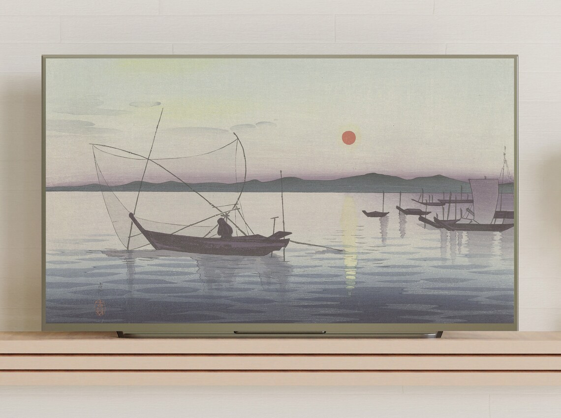 Japanese Woodblock Fishing Boats Sunset Sea Vintage Asian Art Poster - Image 3