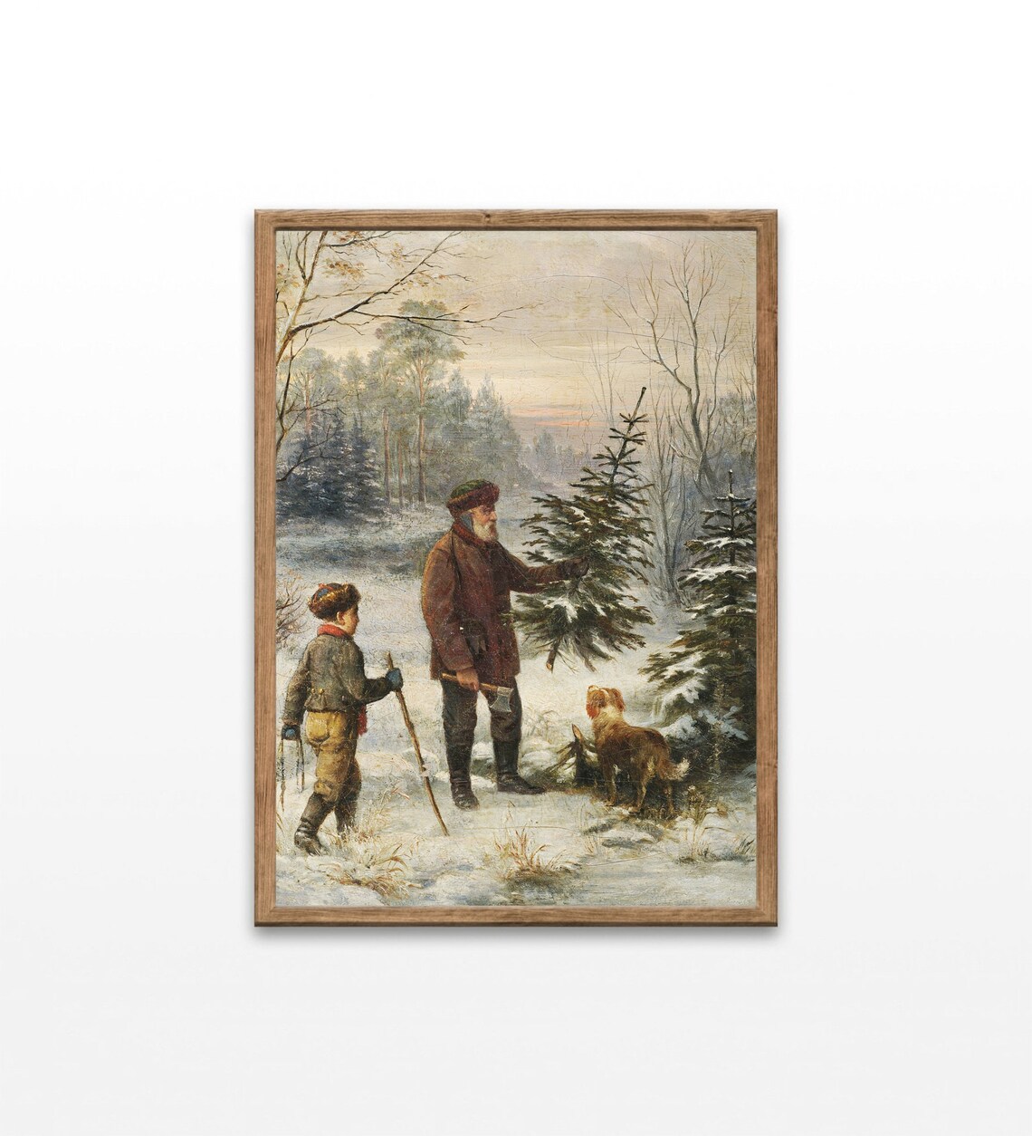 Vintage Christmas Trees Art Print, Lumberjack Scene