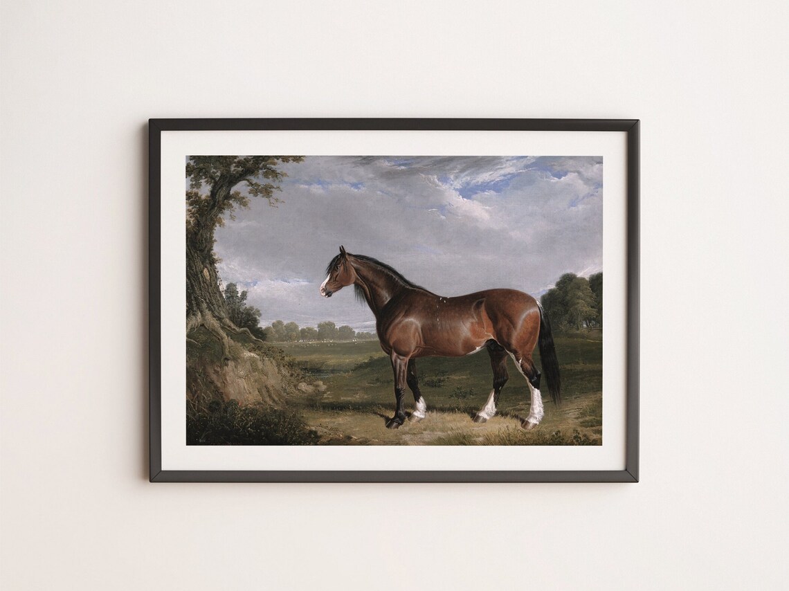 Bay Horse Standing Alone In Open Meadow Vintage Equestrian Art Poster - Image 4