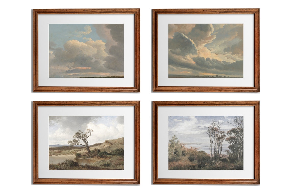 Vintage Cloudscape and Meadow Gallery Wall Set of 4 Art Prints