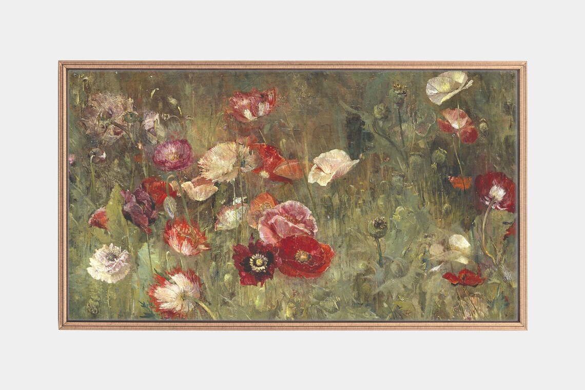 Poppies Vintage Garden Painting, Floral Art Print