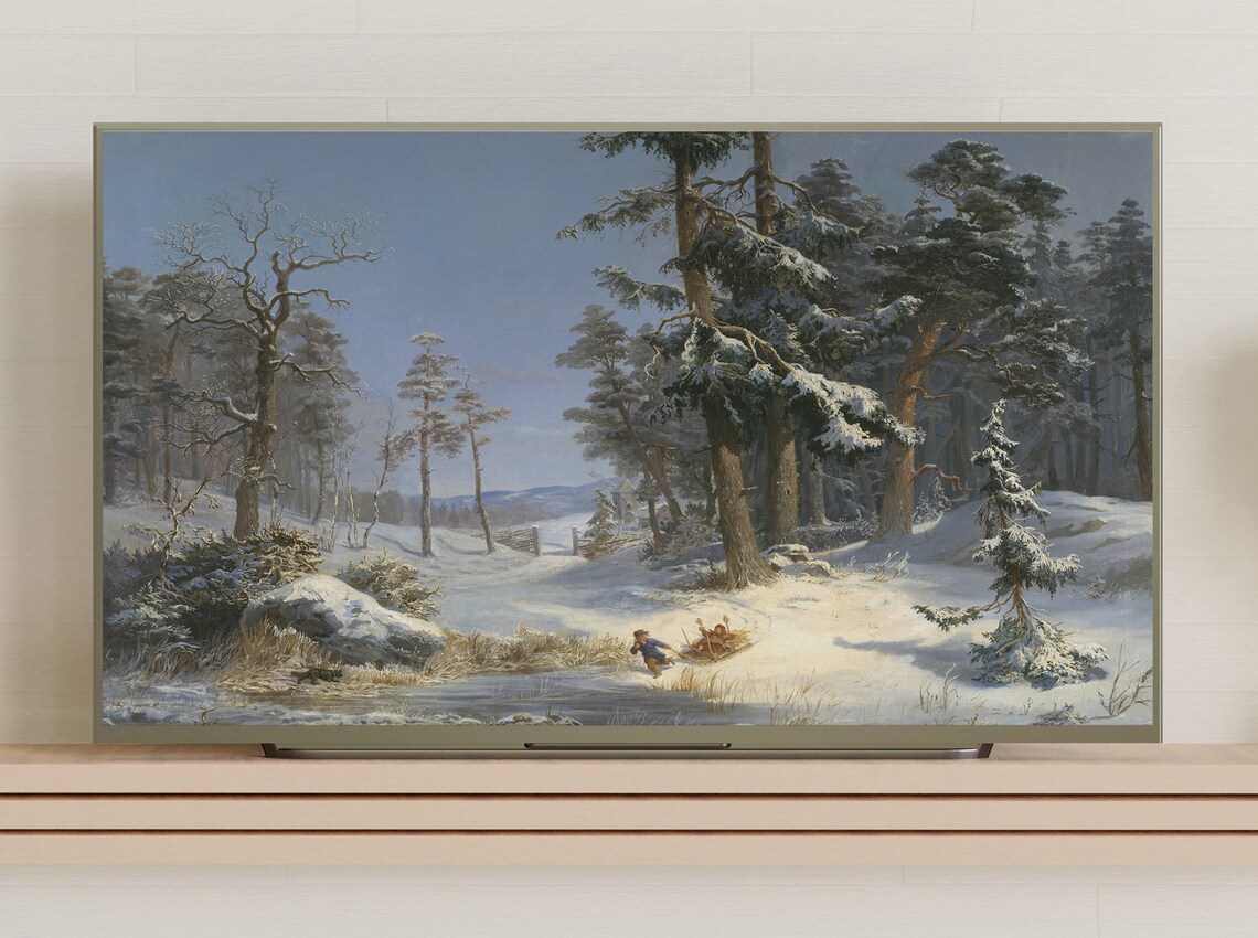 Children Sledding Snowy Forest Winter Vintage Painting Poster - Image 3