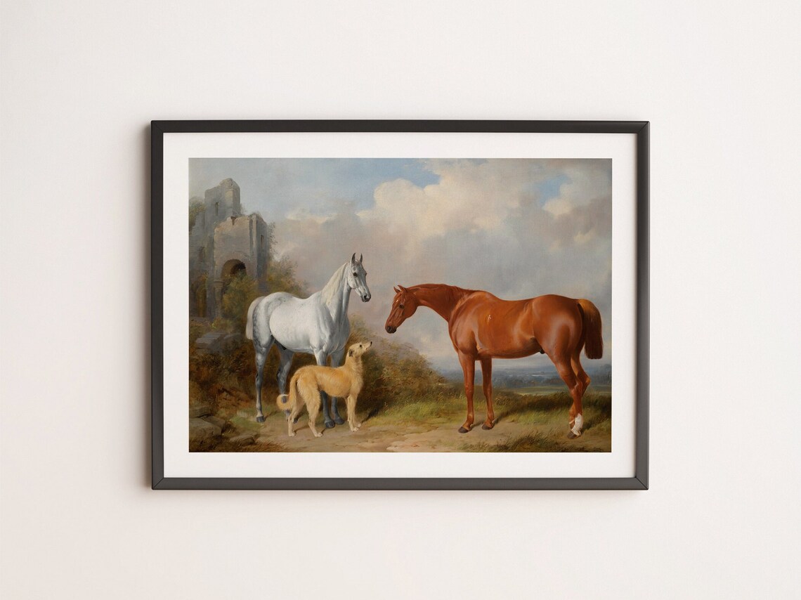 Two Horses And Dog By Castle Ruins Vintage Equestrian Art Poster - Image 4