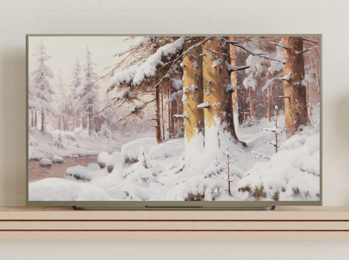 Sunlit Snowy Pine Forest With Stream Winter Wonderland Art Poster - Image 3