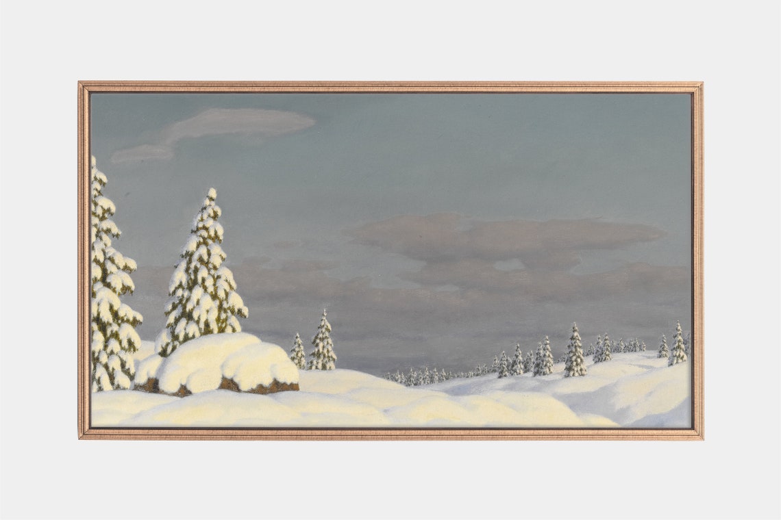 Snow Covered Pines in Quiet Winter Field Vintage Snow Art Poster
