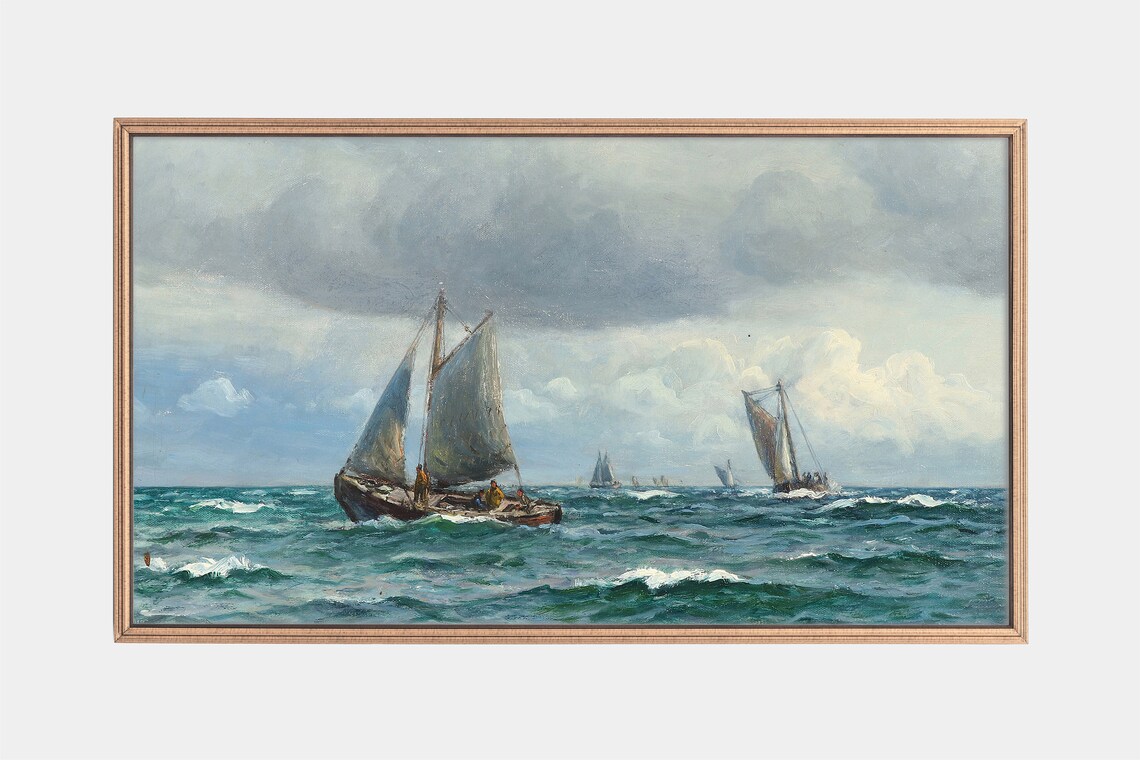 Fishing Sailboats On Rolling Waves Stormy Seascape Vintage Art Poster