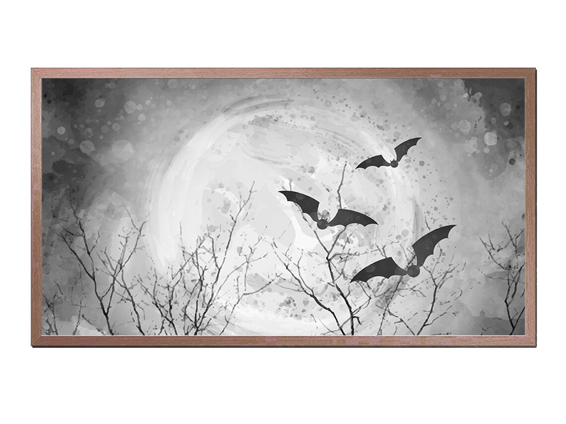 Halloween Full Moon Bats Bare Trees Spooky Black White Night Art Poster