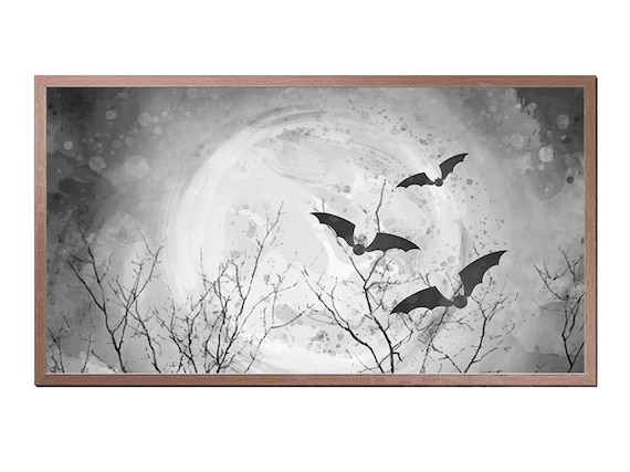 Halloween Full Moon Bats Bare Trees Spooky Black White Night Art Poster