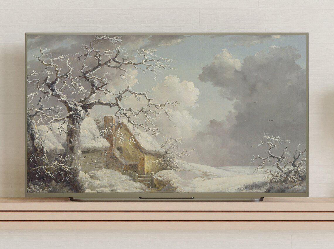 Snow Covered Cottage Frosted Trees Winter Vintage Painting Poster - Image 3