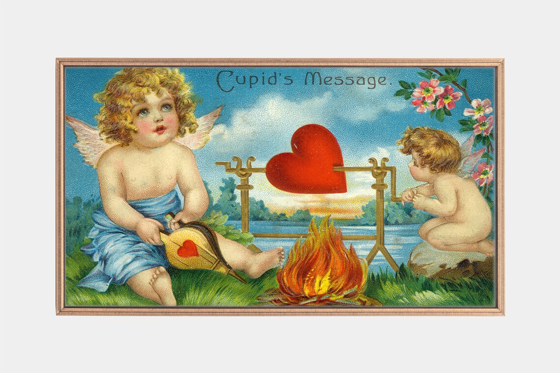 Cupids Message Vintage Valentine Cherubs Campfire Heart Art Print