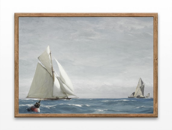 Vintage Sailboat Race Painting White Sails Blue Ocean Poster