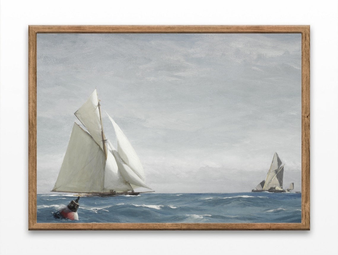 Vintage Sailboat Race Painting White Sails Blue Ocean Poster