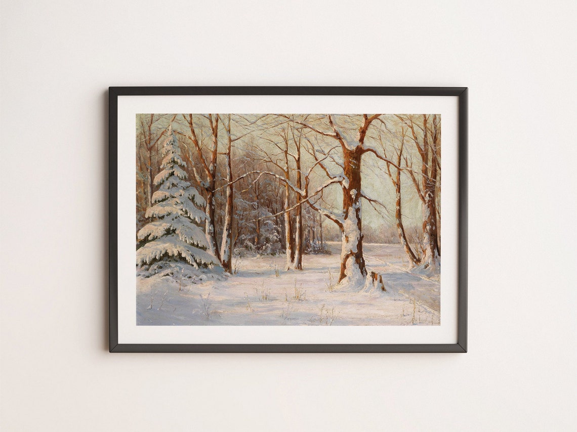 Snowy Winter Forest Pine Trees Sunlight Vintage Painting Poster - Image 3