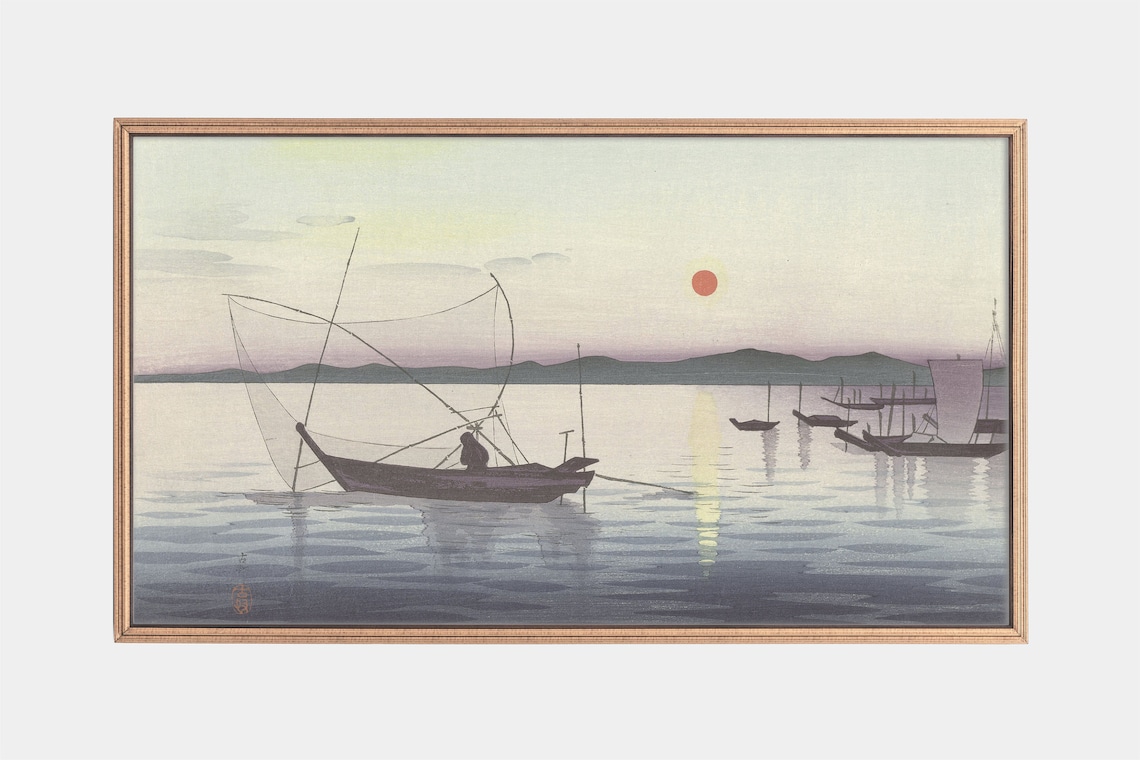 Japanese Woodblock Fishing Boats Sunset Sea Vintage Asian Art Poster