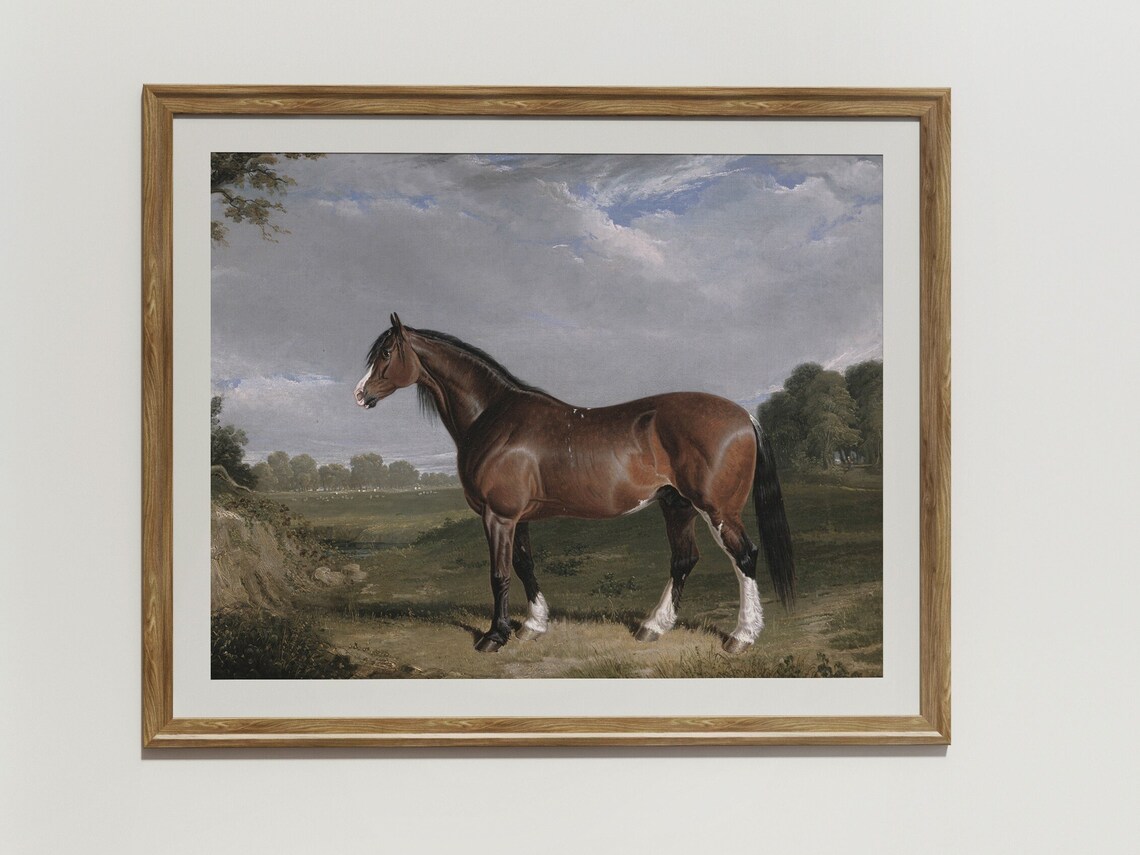 Bay Horse Standing Alone In Open Meadow Vintage Equestrian Art Poster - Image 2