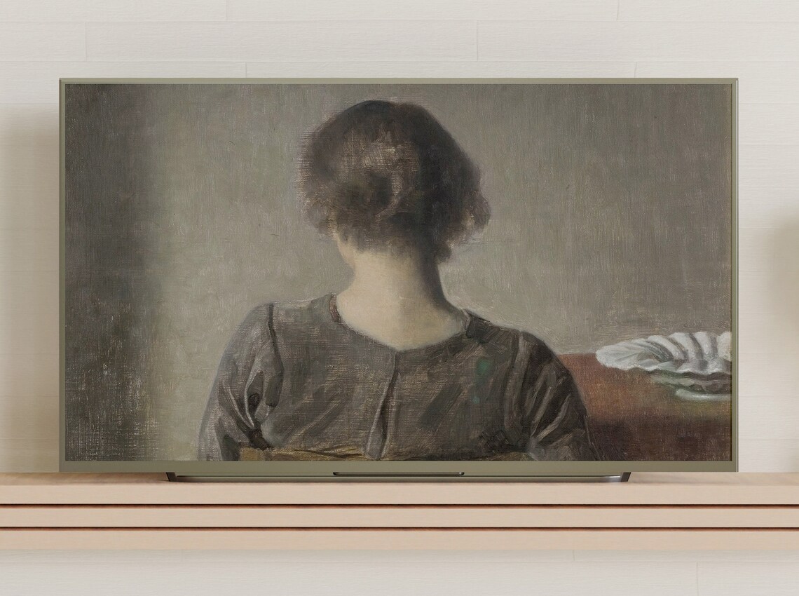 Woman Seen from Behind in Quiet Muted Vintage Interior Art Poster - Image 3