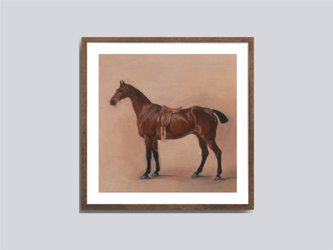 Standing Saddled Bay Horse Vintage Equestrian Oil Portrait Wall Art