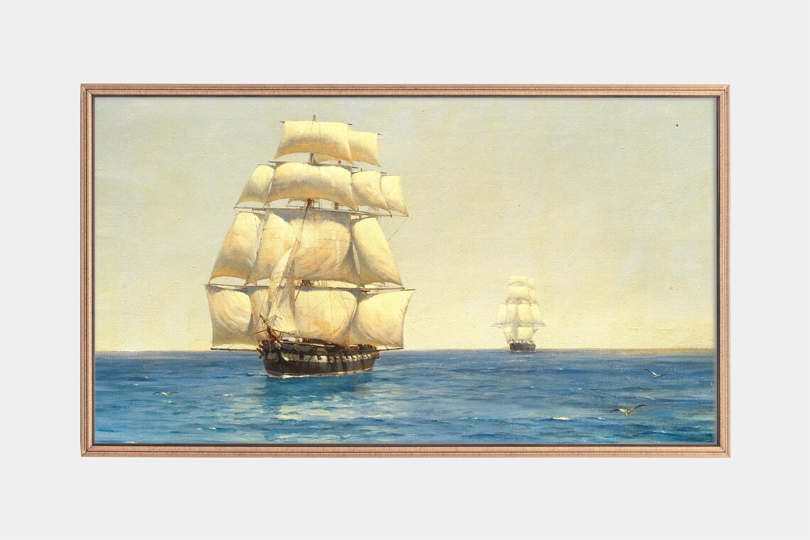 Tall Sailing Ship Full Sails Ocean Vintage Nautical Painting Print