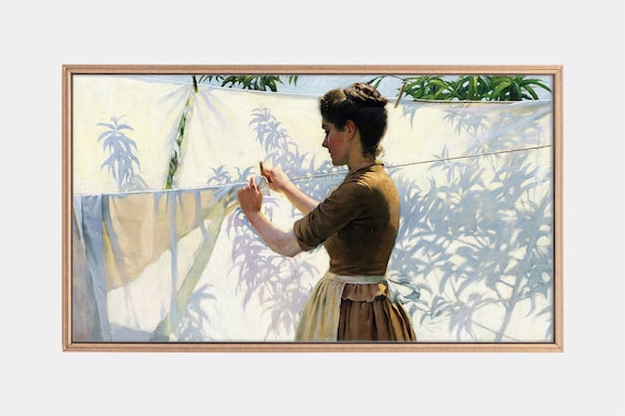 Woman Hanging Laundry Sunlit Sheets Vintage Realist Painting Wall Art