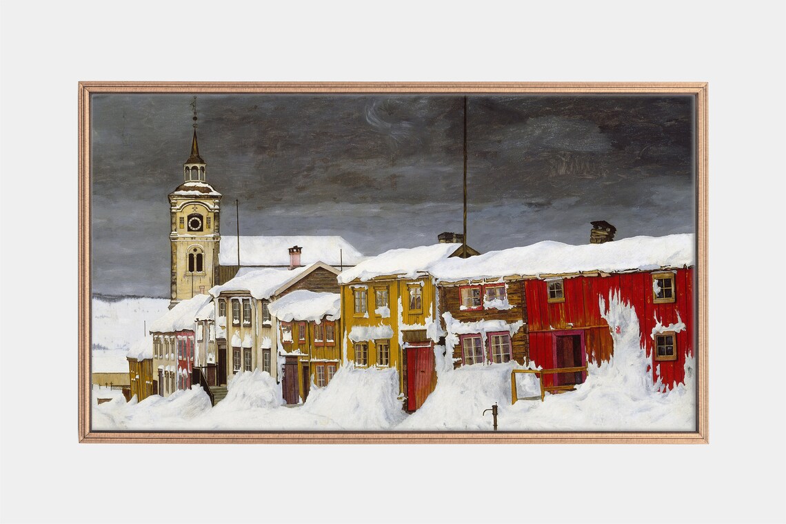Snow Covered Norwegian Street Colorful Houses Church Tower Art Poster