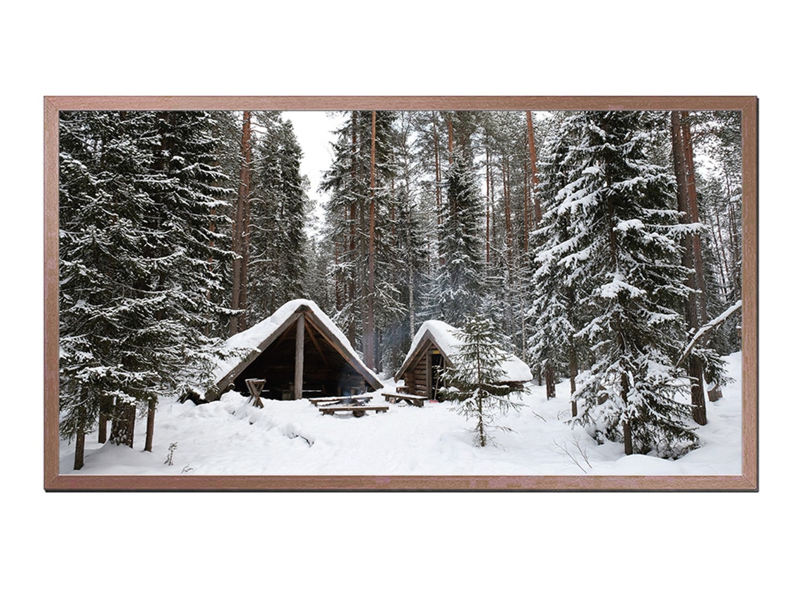 Wooden Cabins Deep In Snowy Pine Forest Winter Hideaway Nordic Poster