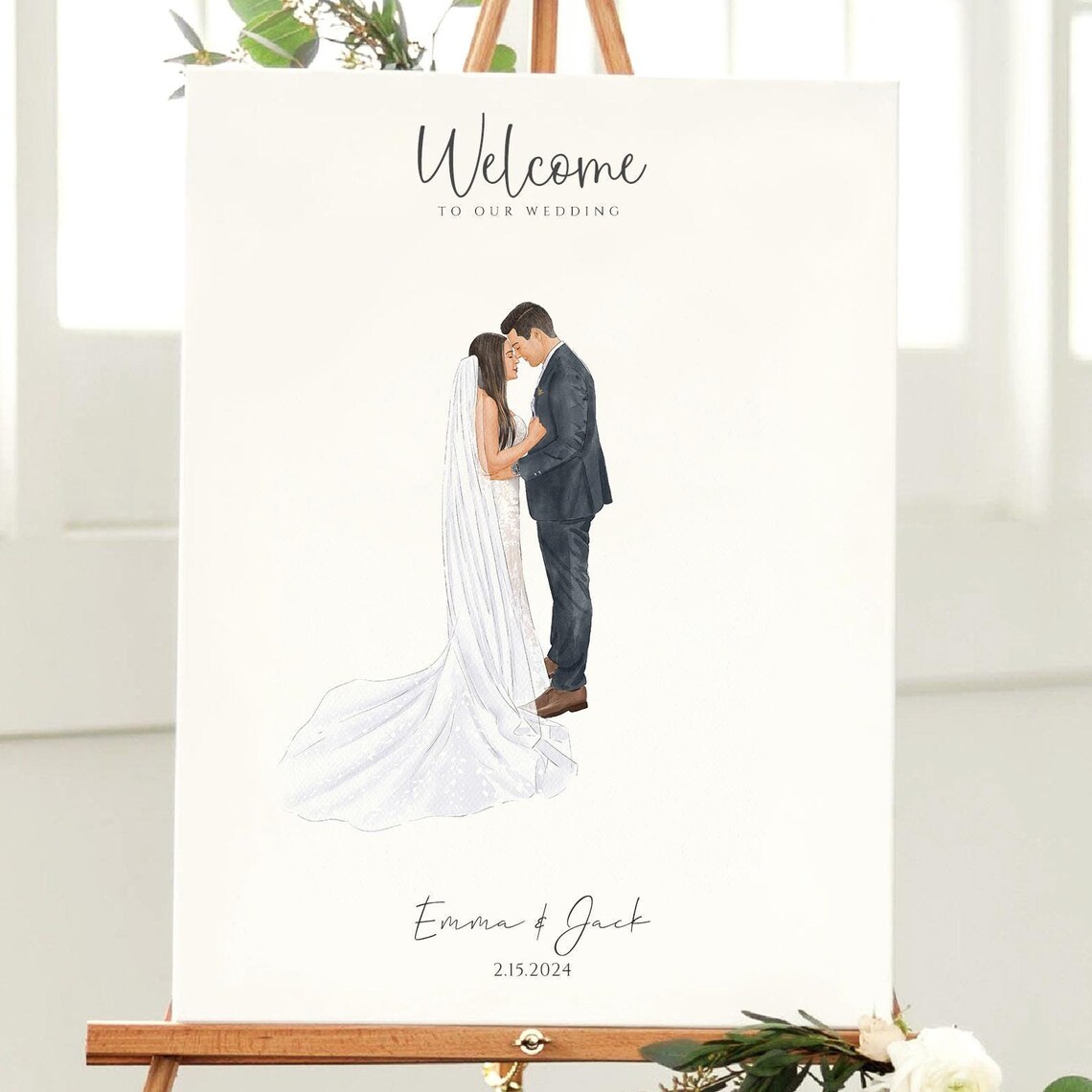 Welcome To Our Wedding Couple Watercolor Sign Portrait Poster