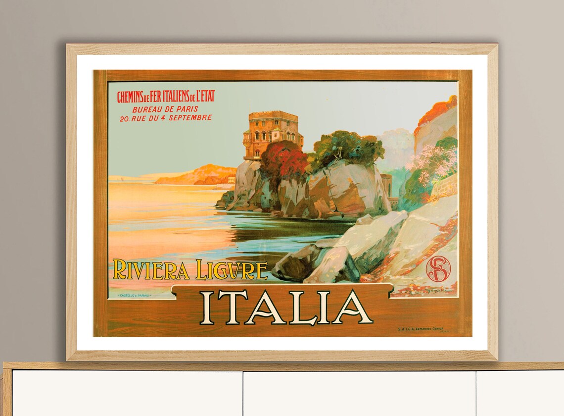 Riviera Ligure Italia Castello di Paraggi Vintage Travel Poster