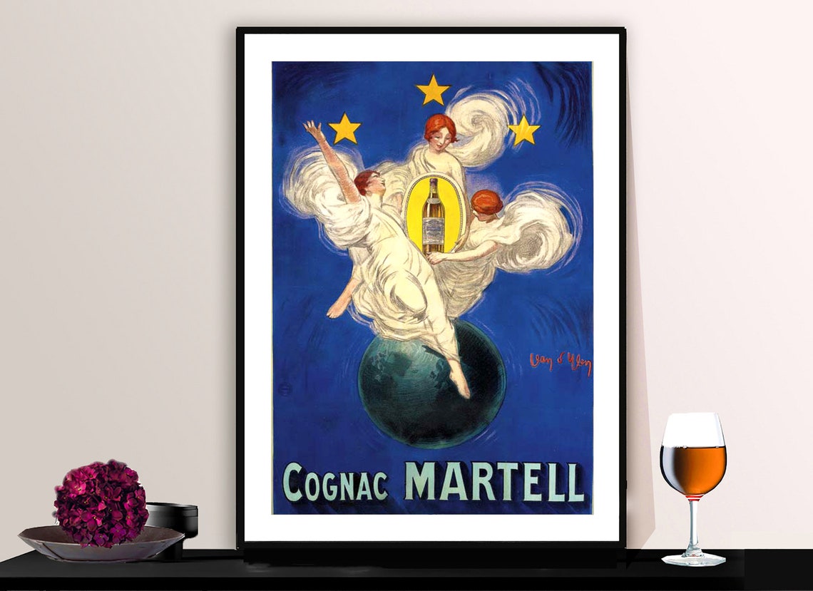 Cognac Martell Nymphs Dancing Globe Stars Deep Blue Ad Poster