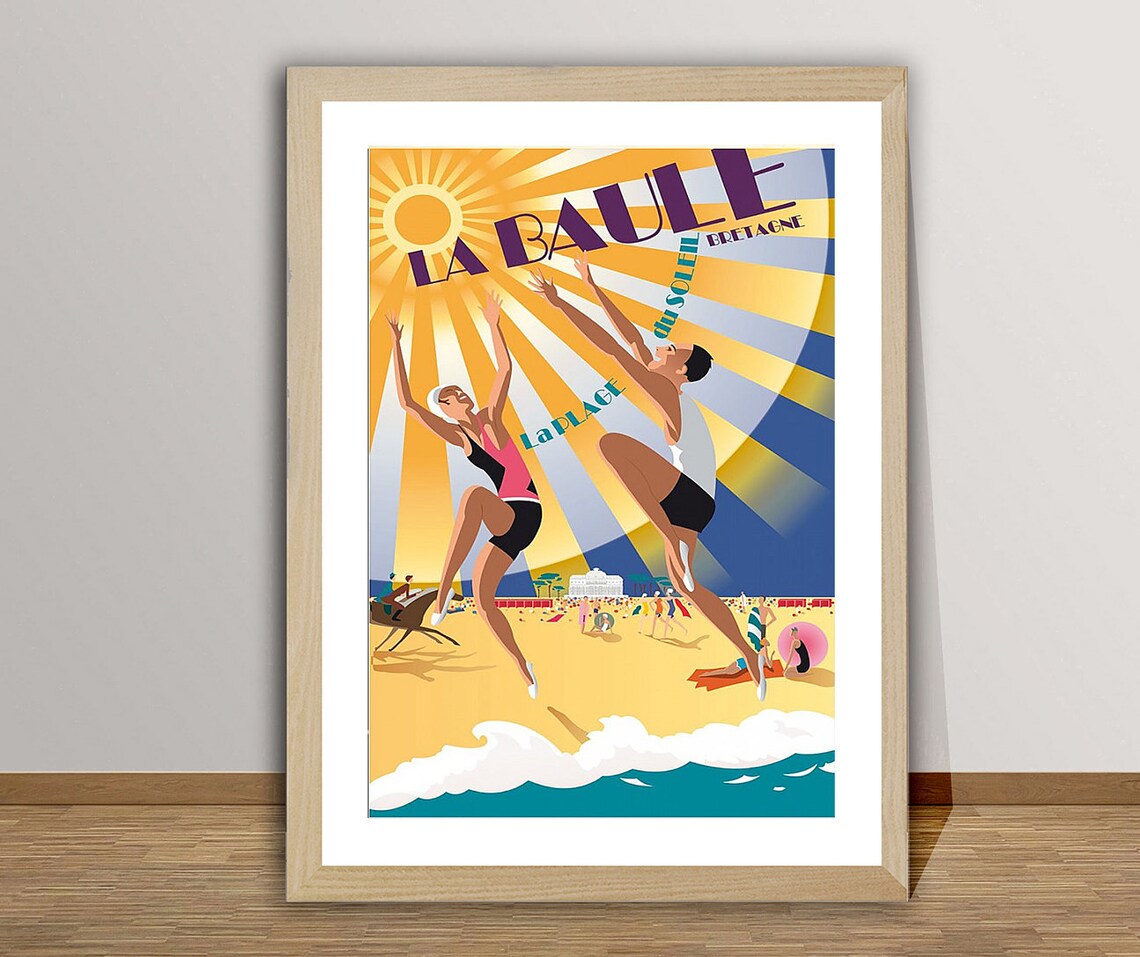 La Baule Bretagne Plage du Soleil Art Deco Beach Travel Poster