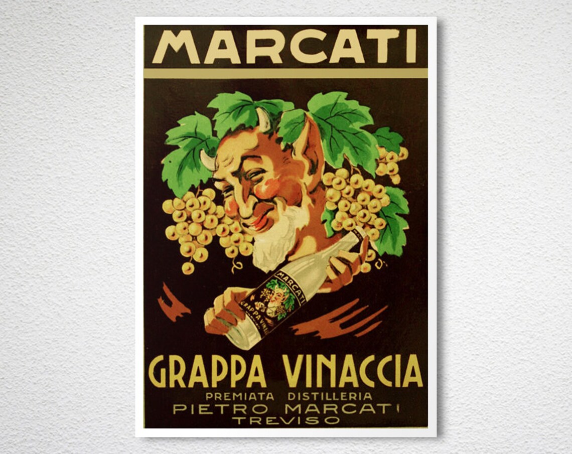 Marcati Grappa Vinaccia Bacchus Grape Head Bottle Vintage Poster - Image 2