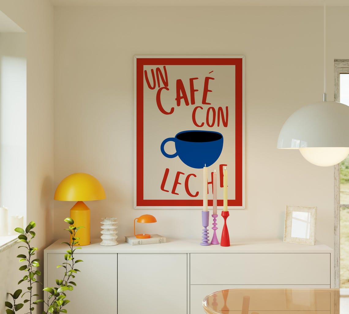Un Cafe Con Leche Blue Cup Retro Spanish Coffee Kitchen Poster - Image 3