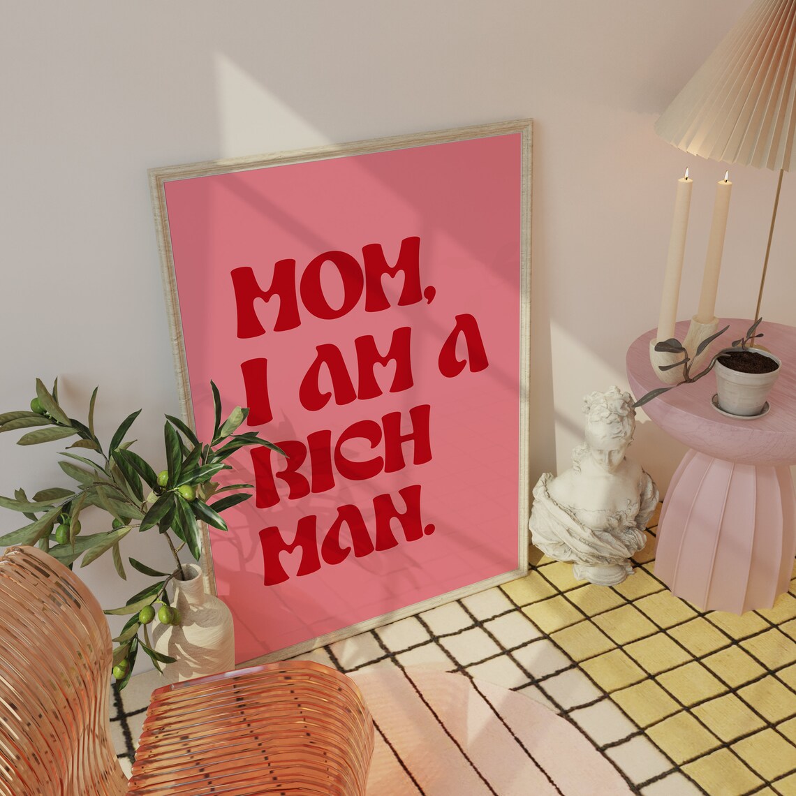 Mom I Am A Rich Man Quote Pink Retro Lettering Poster for Aesthetic Decor - Image 4