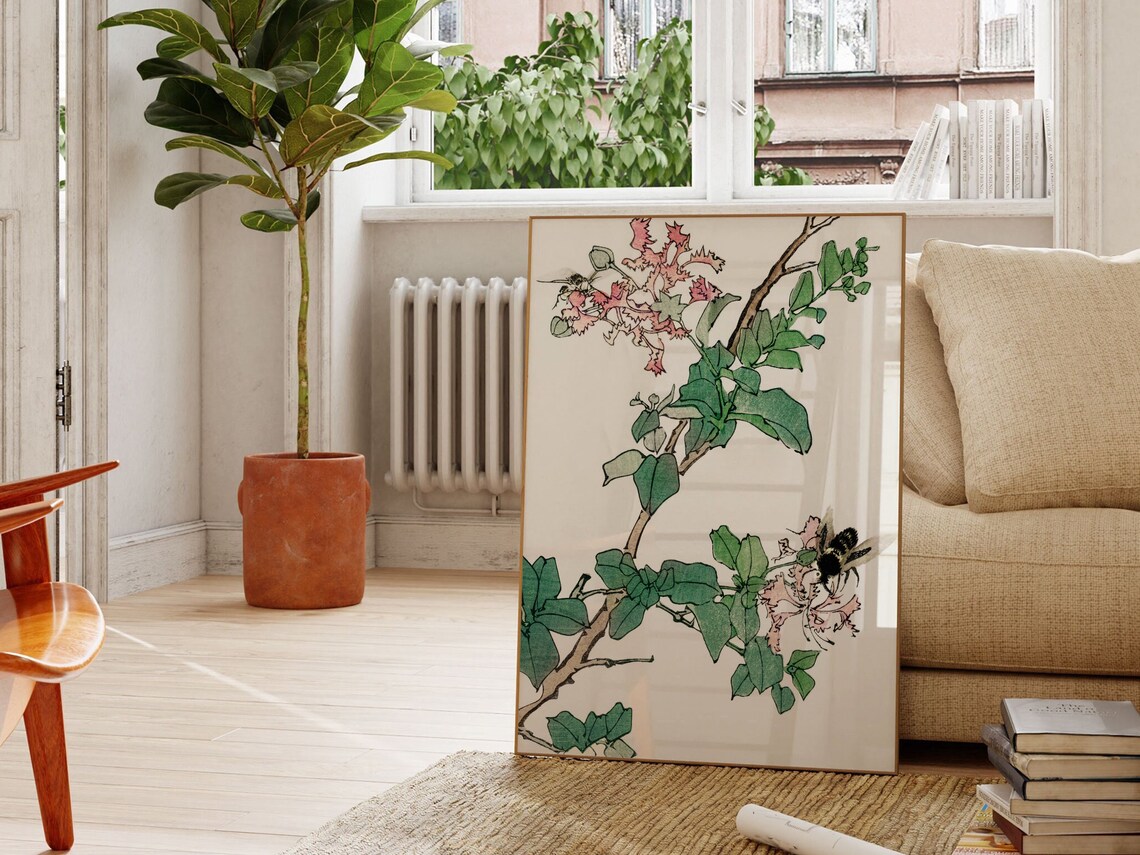 Japanese Woodblock Bumblebee on Pink Blossom Botanical Art Poster - Image 3