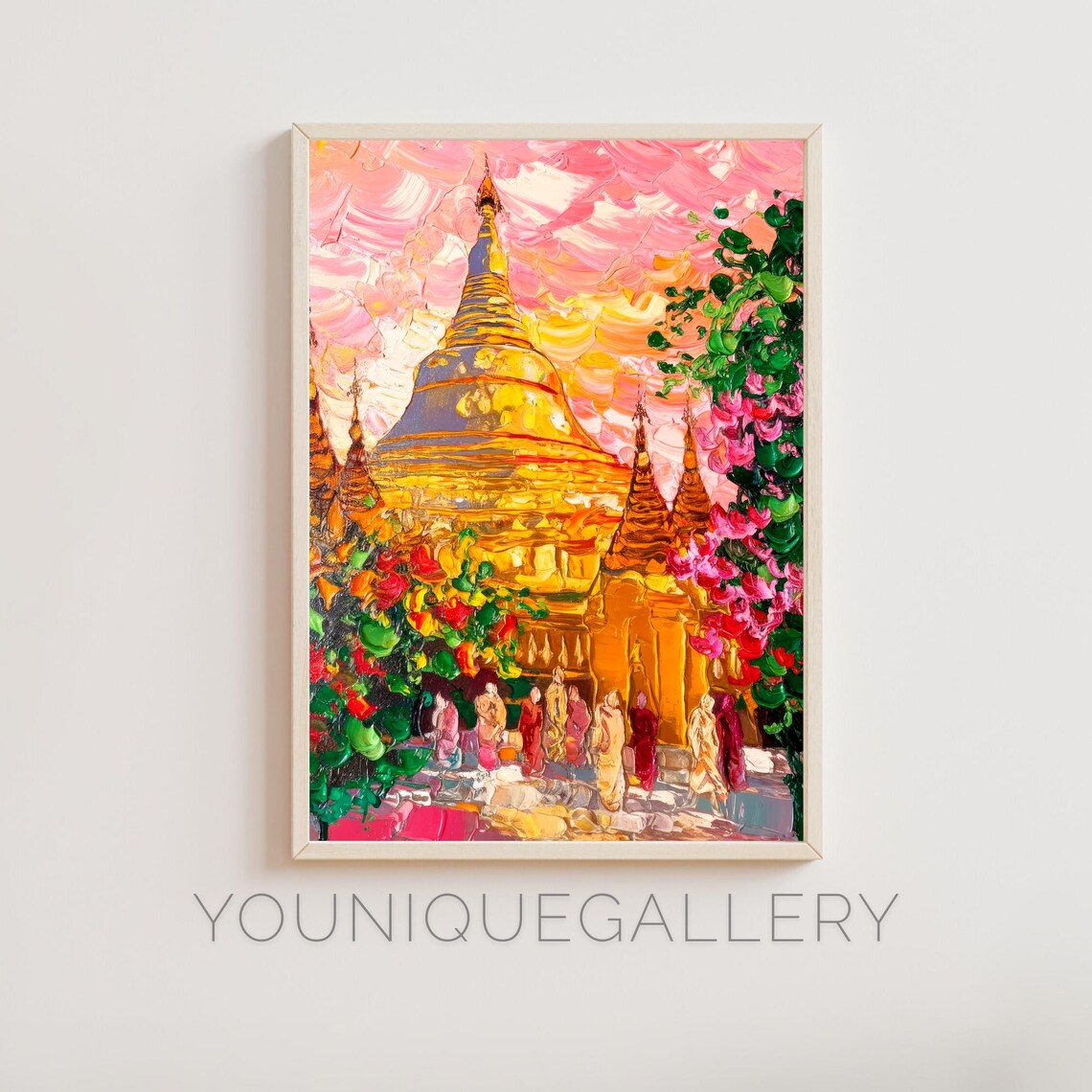 Shwedagon Pagoda Myanmar Golden Stupa Sunset Painting Travel Poster