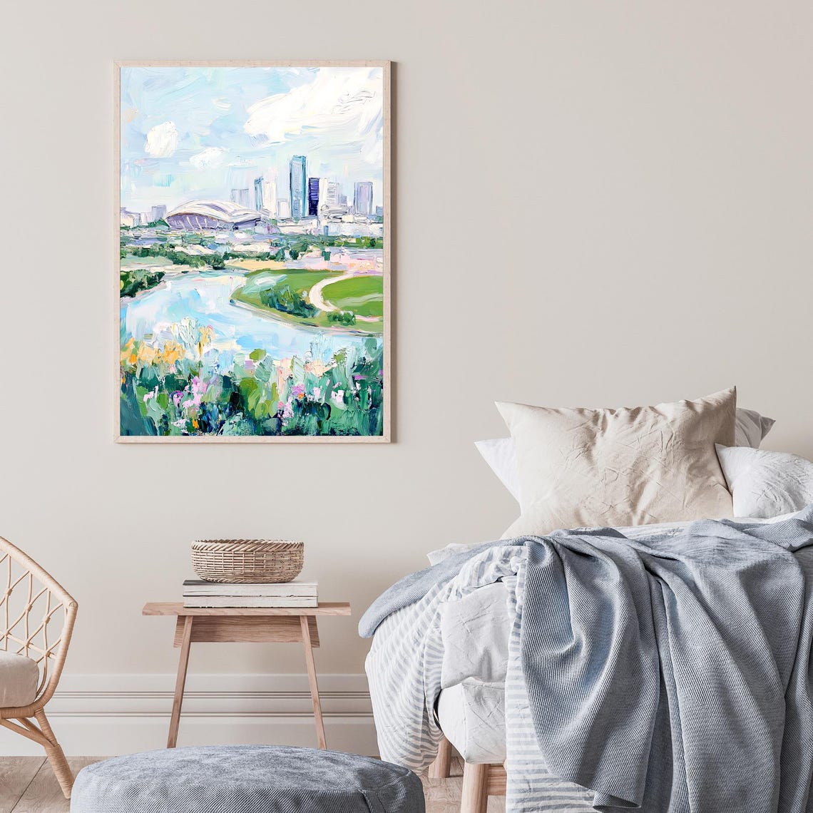 City Skyline River Impressionist Wildflower Meadow Oil Wall Art - Image 2