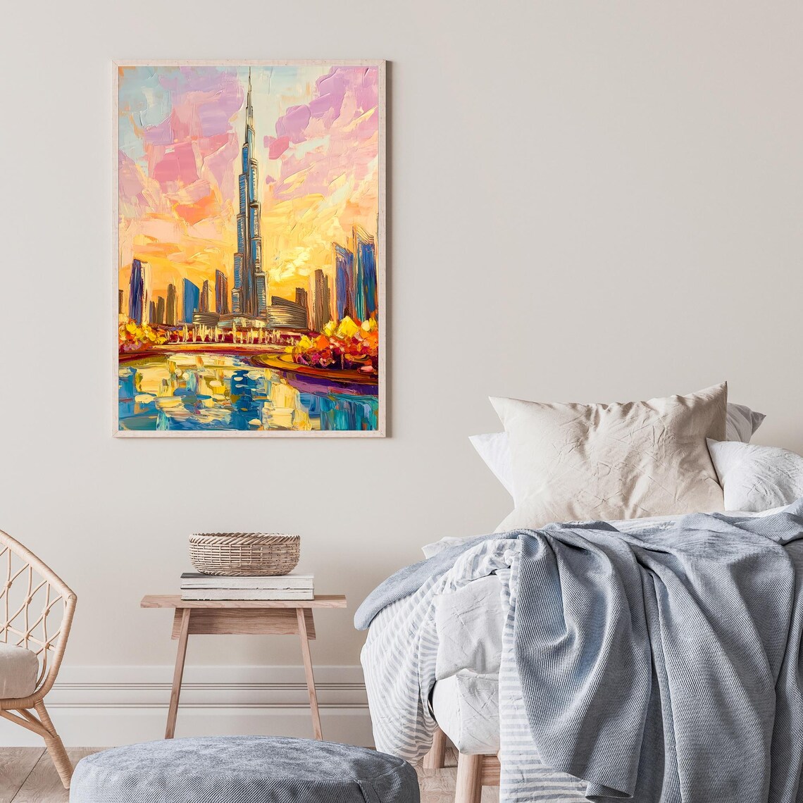 Burj Khalifa Dubai UAE Skyline Fountain Reflection Golden Sunset Painting Poster - Image 2
