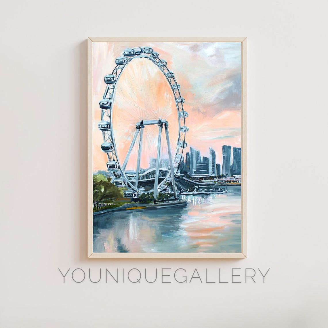 Ferris Wheel Waterfront Sunset City Skyline Impressionist Oil Wall Art