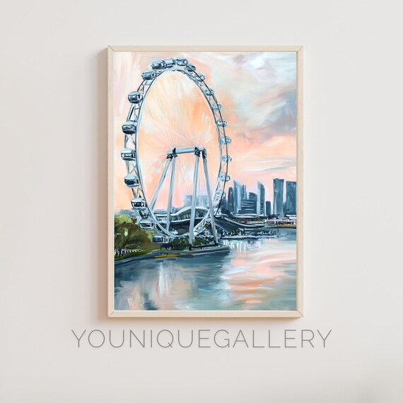 Ferris Wheel Waterfront Sunset City Skyline Impressionist Oil Wall Art