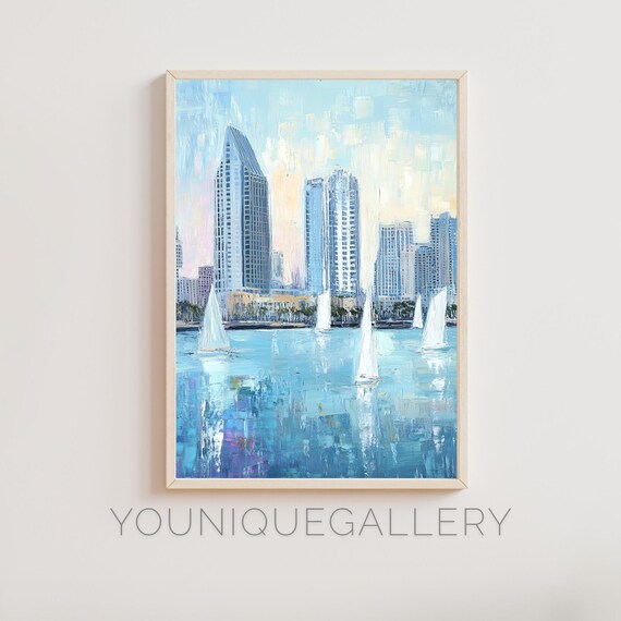 San Diego Bay Sailboats Skyline Blue Water Harbor Oil Painting Poster