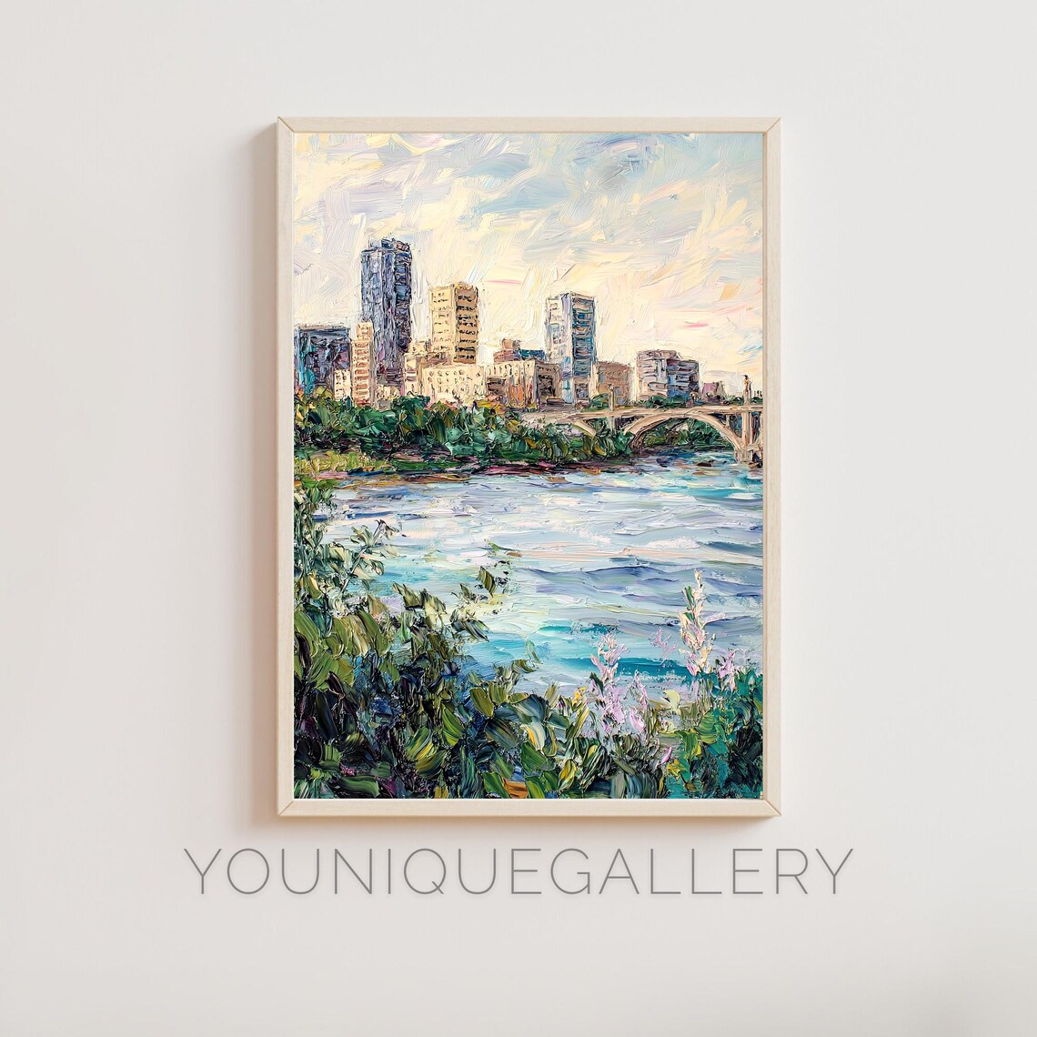 City Bridge River Sunset Reflections Impressionist Oil Painting Wall Art