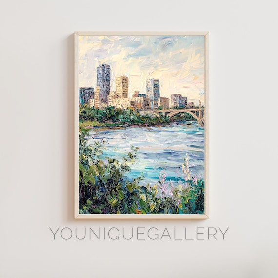 City Bridge River Sunset Reflections Impressionist Oil Painting Wall Art