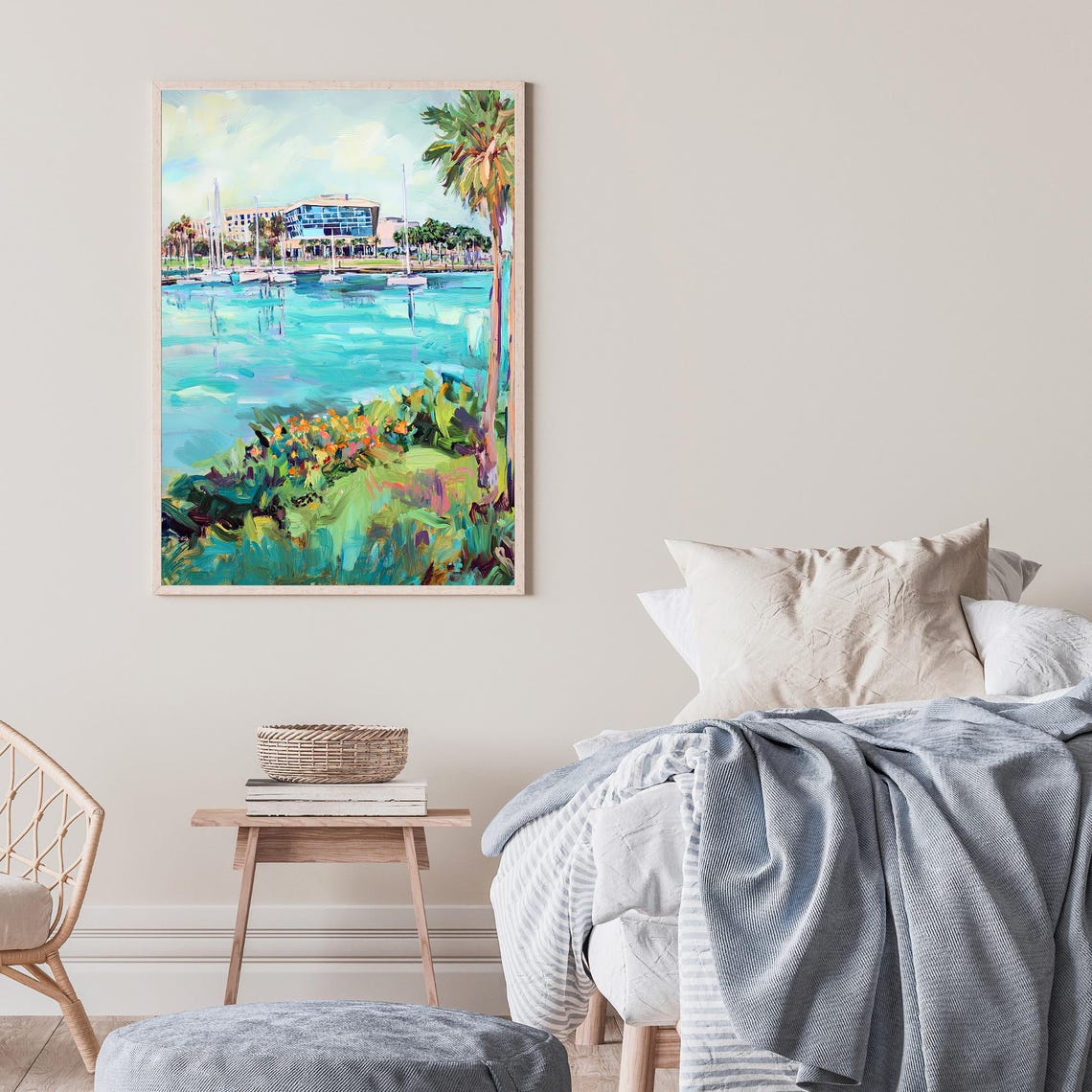 Waterfront Marina Palm Trees Sailboats Tropical Impressionist Wall Art - Image 2