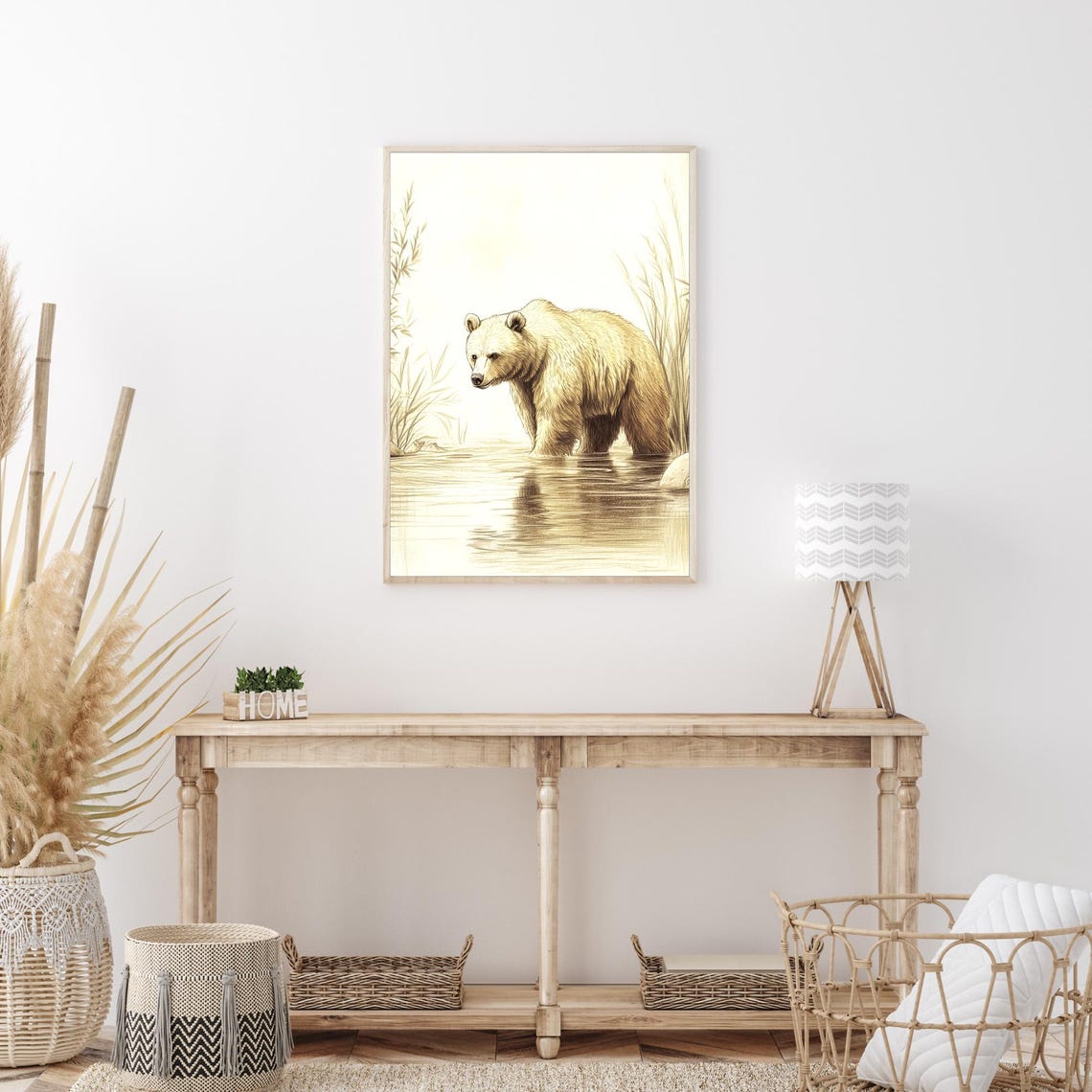 Brown Bear Wading Rivers Edge Sepia Sketch Wildlife Animal Wall Art - Image 3
