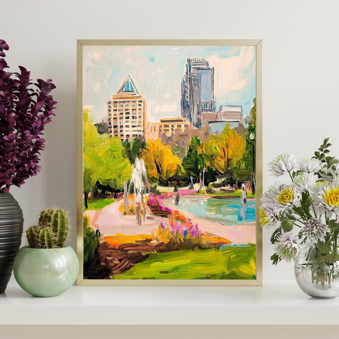 City Park Fountain Flower Gardens Skyline Impressionist Oil Wall Art - Image 4