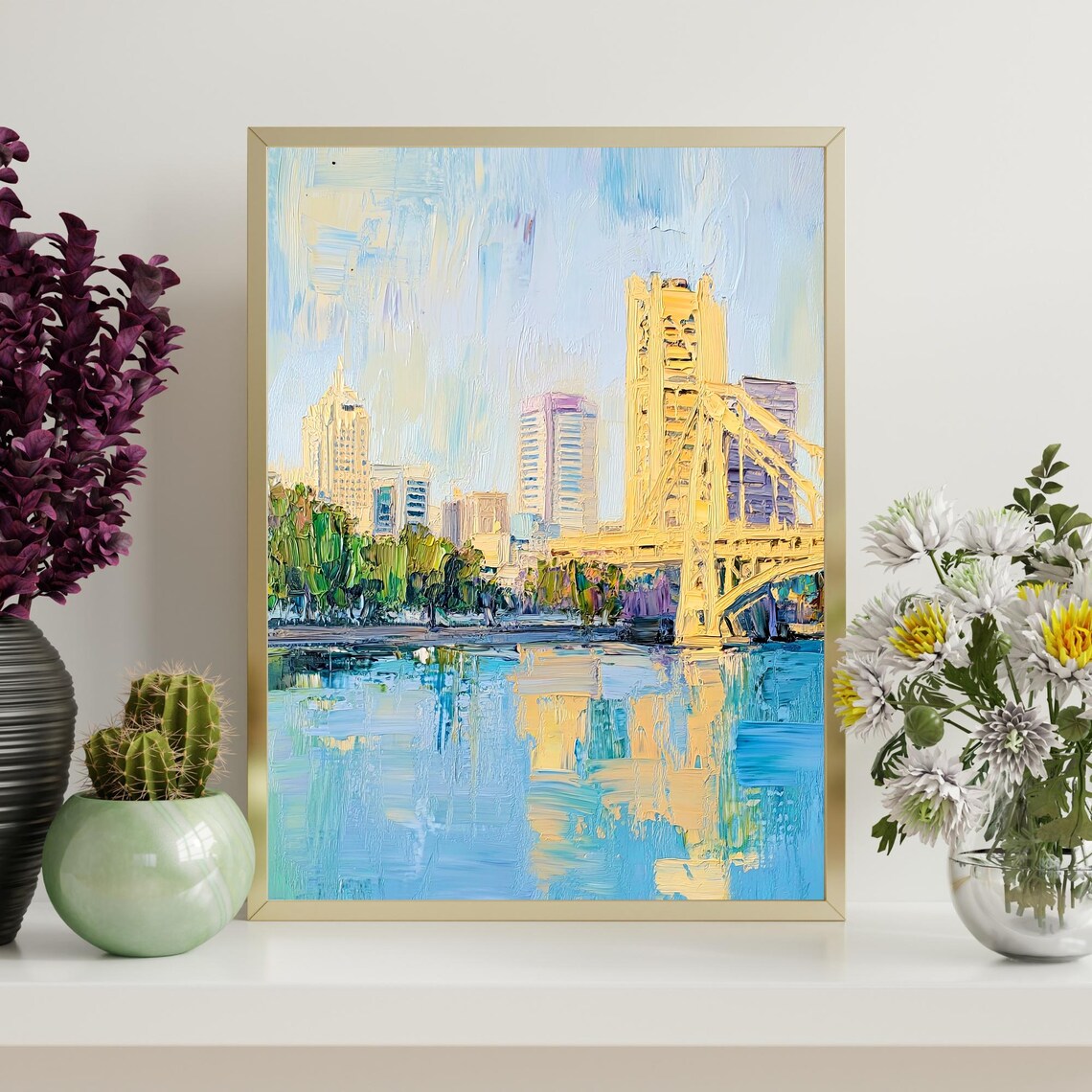 Sacramento California Gold Tower Bridge River Oil Painting Poster - Image 4